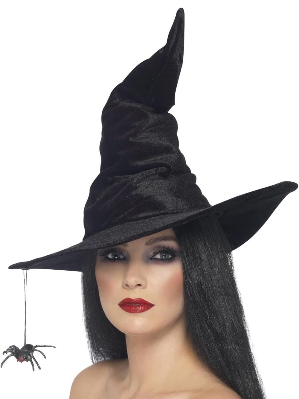 Smiffys Black Velour Witch Hat w Dangling Spider Halloween Costume